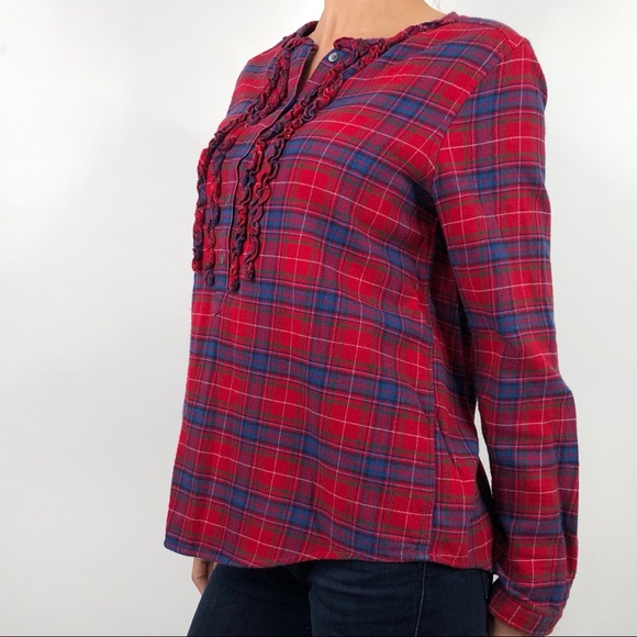 SOLD Lands End Red Tartan Plaid Flannel Ruffle Shirt - Picture 2 of 8